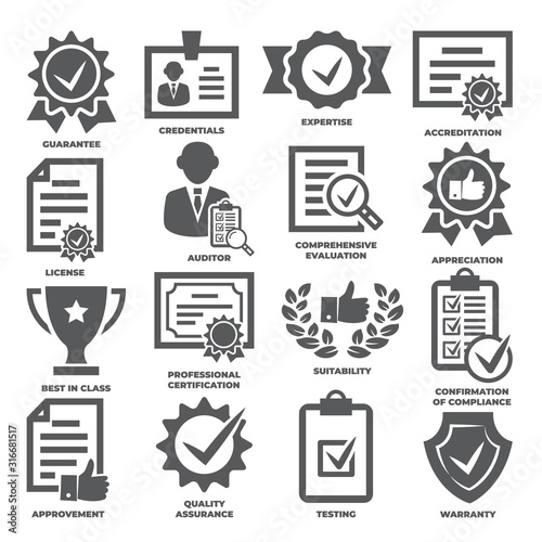 Approvement and accreditation icons set on white background