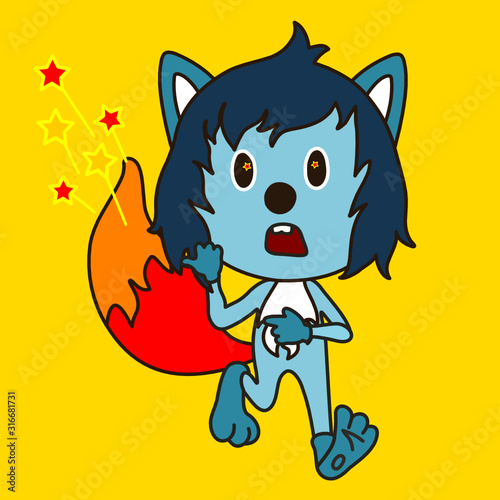 emoji with frightened wolf with blue wool with tail flaming and sparkling, vector smiley in color, simplified colorful emoticon