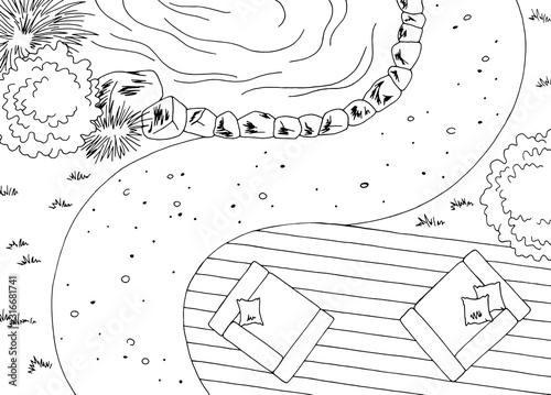 Garden landscape architect design backyard graphic black white sketch aerial view illustration vector