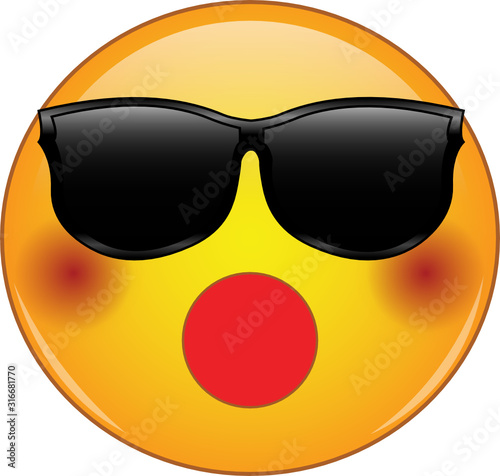 Awesome shocked emoji in sunglasses. Cool yellow face emoticon wearing shades and having blushing cheeks and mouth wide open, as if surprised or shocked. Expression of shock, surprise, disbelief.