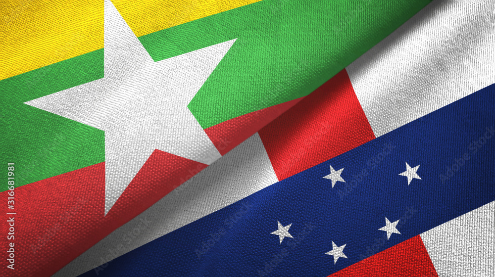 Myanmar and Netherlands Antilles two flags textile cloth, fabric texture Myanmar and Netherlands Antilles two flags textile cloth, fabric texture