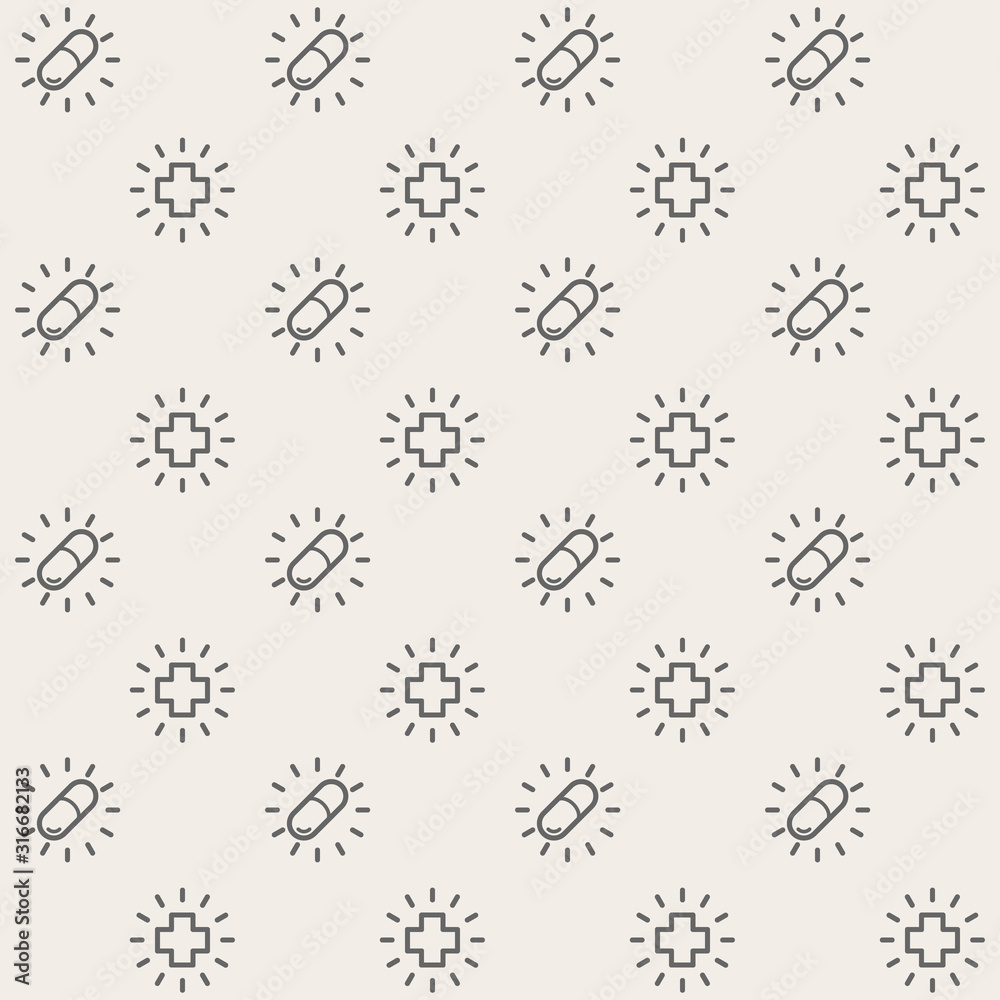 Medical seamless pattern. Medicine icons pattern background with pills and medical cross. Vector graphics Medical seamless pattern. Medicine icons pattern background with pills and medical cross. Vector graphics