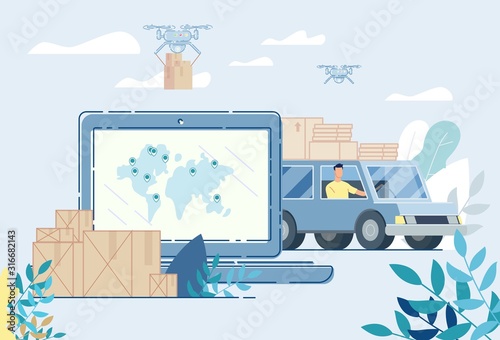 Land and Air Delivery Service Online. Internet Shipping. Transportation and Logistic Digital Shopping Advertising. Cargo Shipment by Lorry Truck Van and Drone. Worldwide Tracking System