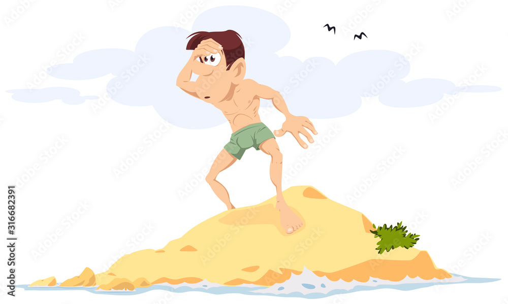 Man on desert island. Stock illustration.