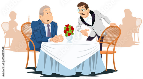 Man and waiter in cafe. Funny people in restaurant.
