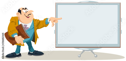 Cartoon happy businessman points finger.