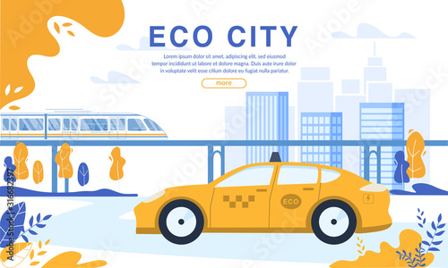 Rechargeable Electric Eco Taxi Cab and Train on Magnetic Pad Order. Webpage Banner Booking Service Uber Application. Green Energy Usage for Environment Protection. Modern Ecological City