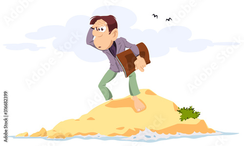 Businessman on desert island. Stock illustration.