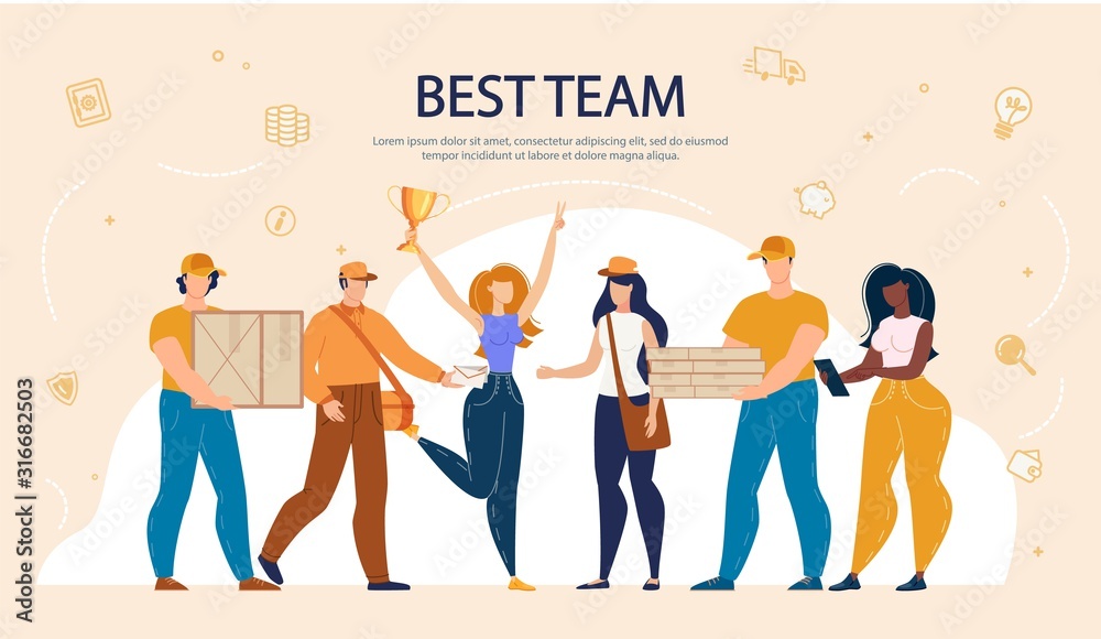 Diverse Multiracial Best Team Lettering Banner. Online Purchased Food, Goods Delivery Service. Man and Woman Working at Moving Company. Lady with Gold Reward, Happy Employees with Packages Diverse Multiracial Best Team Lettering Banner. Online Purchased Food, Goods Delivery Service. Man and Woman Working at Moving Company. Lady with Gold Reward, Happy Employees with Packages