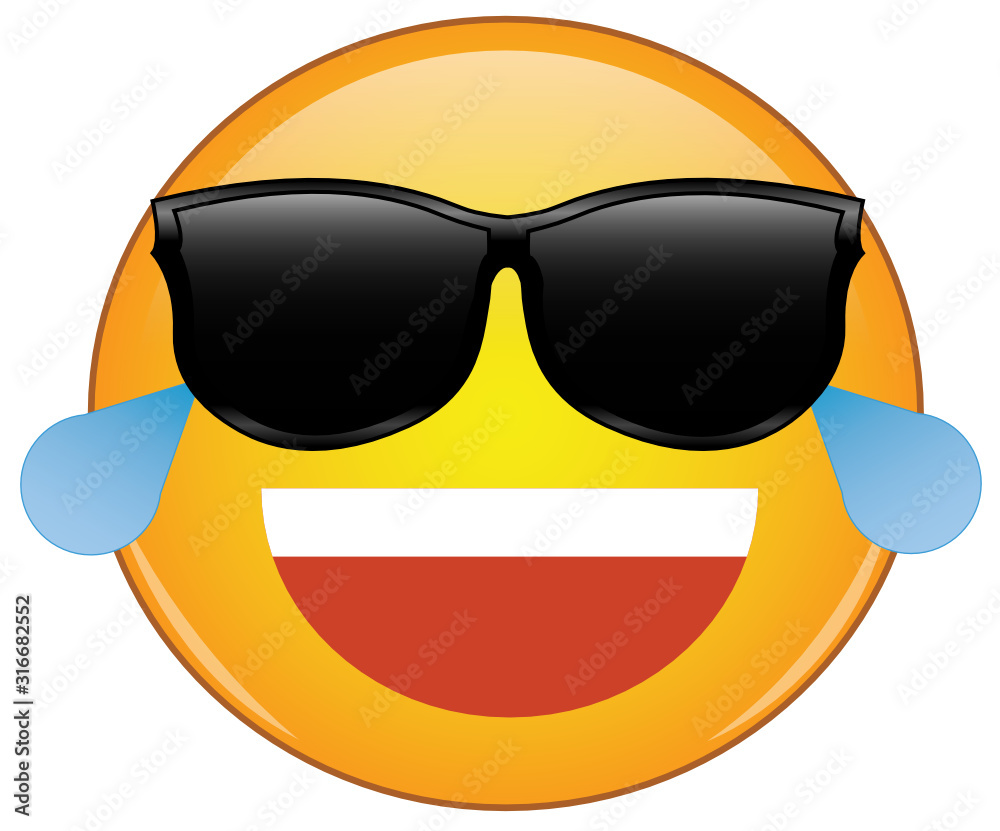 Cool laughing emoticon in shades. Awesome yellow laughing face emoji in  sunglasses with a big grin, and shedding tears from laughing so hard.  Expression of laughter, something funny or pleasing. Stock Vector |