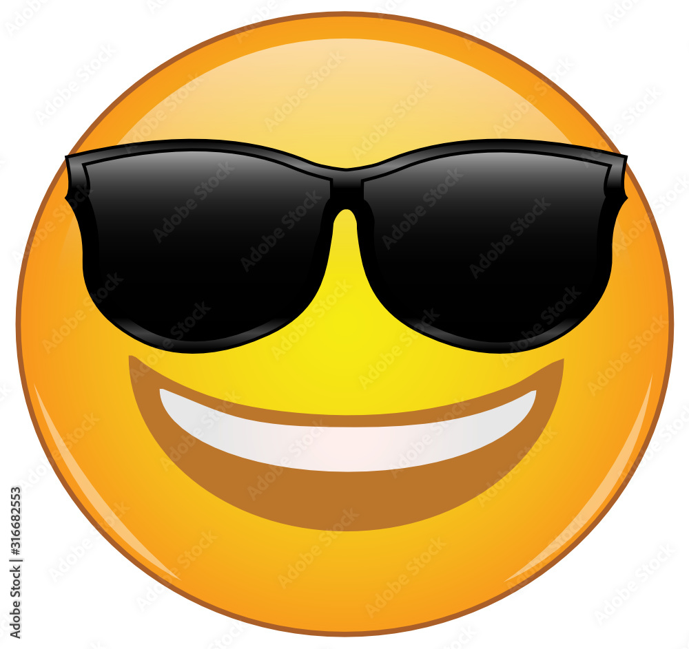 Cool emoticon in sunglasses. Awesome grinning face emoticon wearing ...