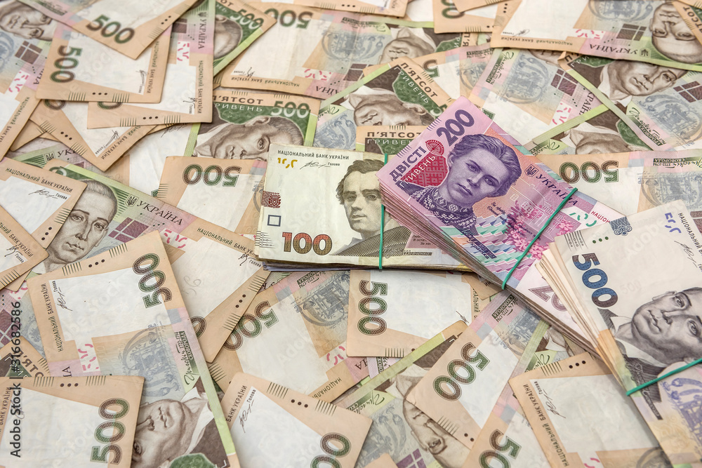 Ukrainian Money backgrounds. 500 banknotes. Hryvnia (UAH). Top view Ukrainian Money backgrounds. 500 banknotes. Hryvnia (UAH). Top view