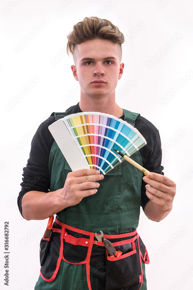 Worker hands with wooden sampler close up isolated on white