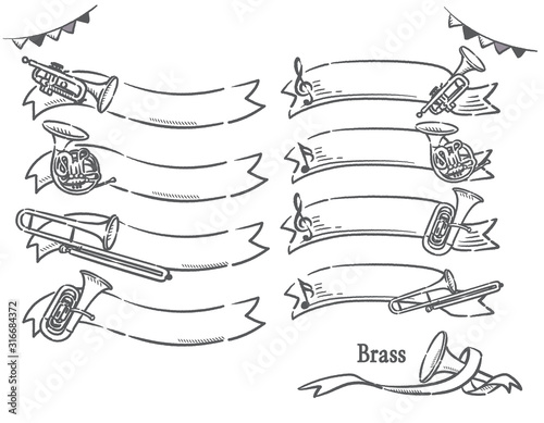 金管楽器がテーマのリボン風ラベル、バナー