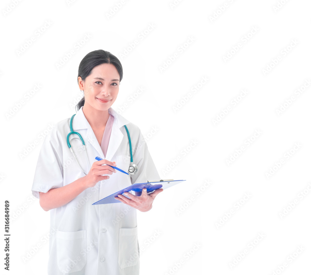 Portrait of Asian young female doctor smiling, Hold with clipboard in uniform and stethoscope on neck. Looking at camera with isolated on white background. Concept healthcare and medicine. Portrait of Asian young female doctor smiling, Hold with clipboard in uniform and stethoscope on neck. Looking at camera with isolated on white background. Concept healthcare and medicine.