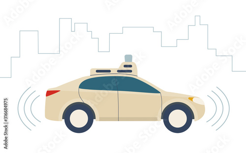 Driverless Car, autonomous vehicle, auto with autopilot and city background. Vector illustration in flat style