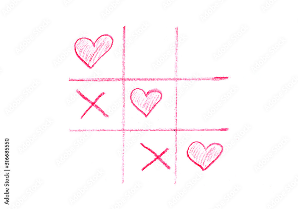 Game tic-tac-toe with hearts. The concept of victory of love. Red hearts and crosses on a white isolated background. Valentine's Day stock photo for web, print, cards, invitations, background.