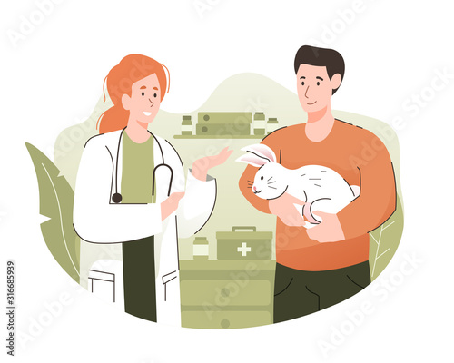 Man and his rabbit discussing with a veterinarian at veterinary clinic. Pet health care and medical concept