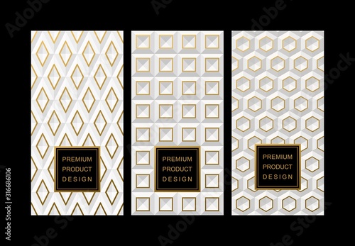 Vector set of White volume 3D backgrounds of geometric shapes with gold accents for packaging, design of luxury products. Made with golden foil. For perfume, lotion, wine, tea, coffee, chocolate.