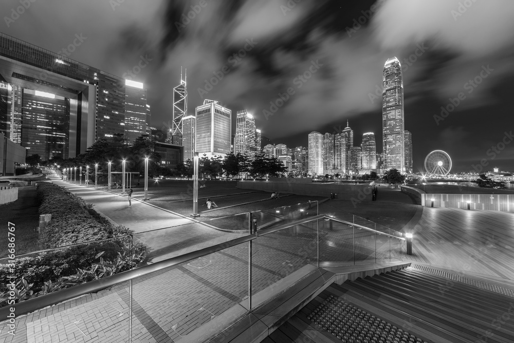 Public park in downtown of Hong Kong city at night