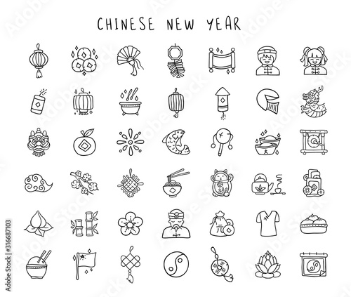 Chinese New Year line hand drawn icon set - black outline handmade icons or signs on traditional chinese holiday topic, lanterns, coins, dragons, flowers, lucky symbols and other decorations - vector
