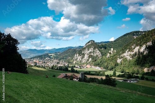 Summer view of a beautiful apline village in Switzerland