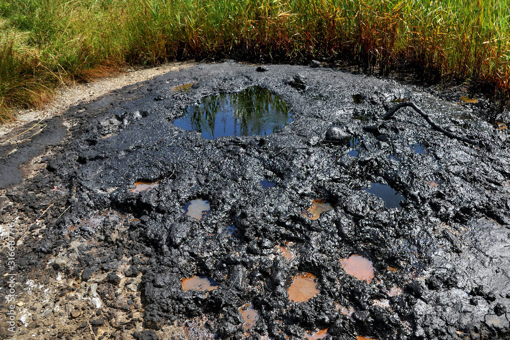 Obraz premium Active mud (clay and bitumen) volcano on the outskirts of the village Starunja in Carpathian. Spills of crude oil on the soil surface. Crater of the mud volcano.