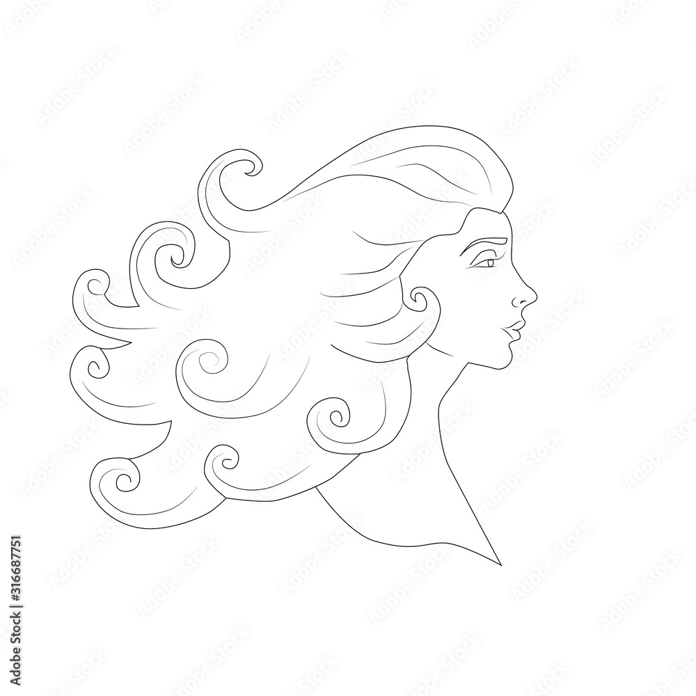 Profile of a beautiful woman with flying hair, contour drawing. Female beauty concept, design for women's day.