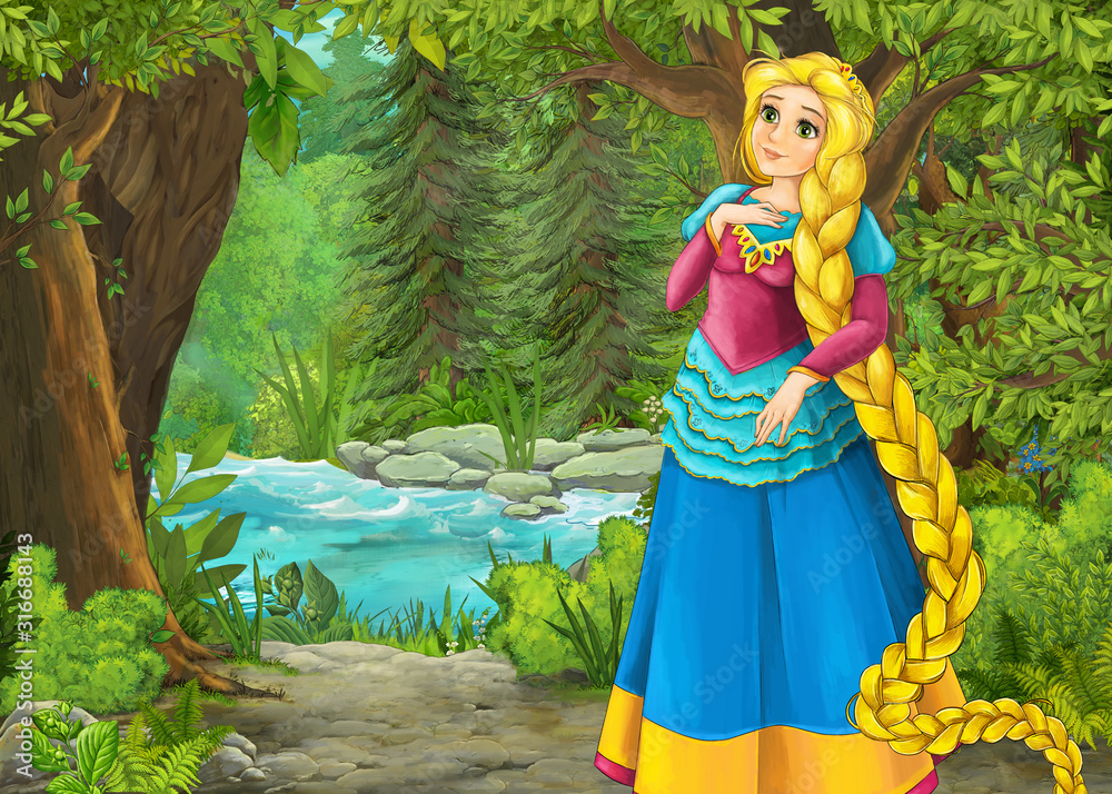cartoon summer scene with meadow in the forest with beautiful princess girl cartoon summer scene with meadow in the forest with beautiful princess girl