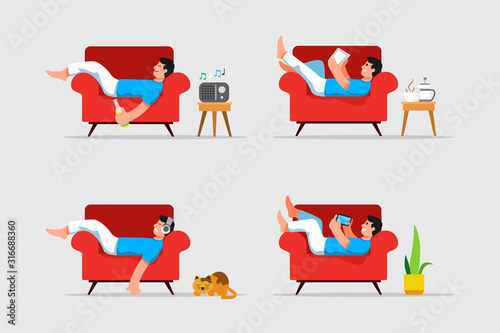 Man Laying Down And Relaxing On Couch Vector Illustration
