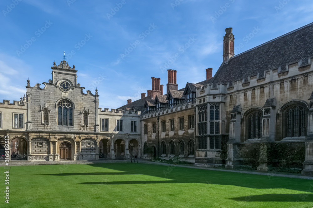 View at the interior garden at the Peterhouse, the oldest constituent college of the University of Cambridge in England