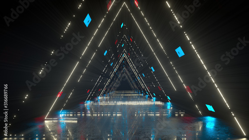 Futuristic corridor with glowing lines 3D render illustration