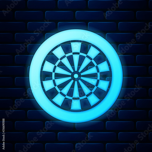 Glowing neon Classic darts board with twenty black and white sectors icon isolated on brick wall background. Dart board sign. Dartboard sign. Game concept. Vector Illustration