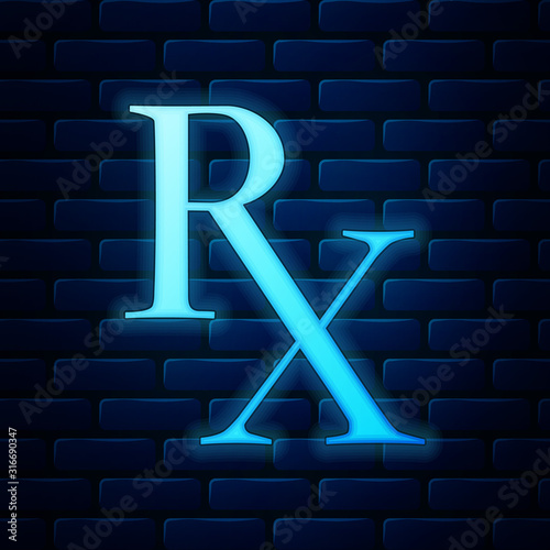 Glowing neon Medicine symbol Rx prescription icon isolated on brick wall background. Vector Illustration
