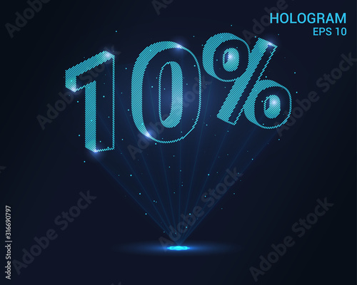 The hologram 10 percent. Holographic projection sale tag 10%. Flickering energy flux of particles. Scientific design of the sale campaign.