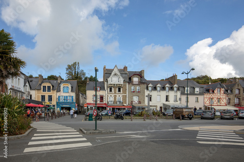  Bars and restaurants on the main street in Canacle known for its delicious fish and seafood. Brittany, France