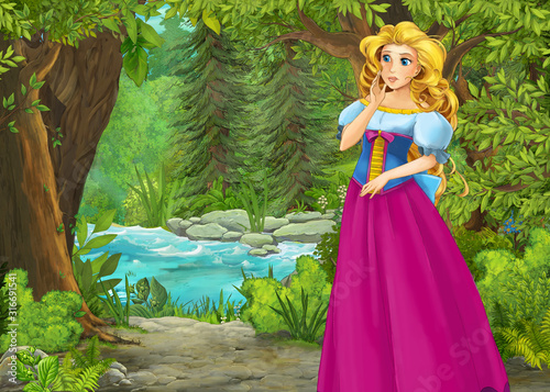 cartoon summer scene with meadow in the forest with beautiful princess girl