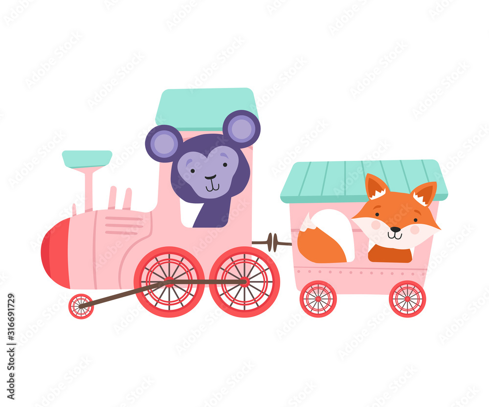 Cheerful Red Cheeked Fox and Bucket Ears Monkey Driving Toy Train Vector Illustration Cheerful Red Cheeked Fox and Bucket Ears Monkey Driving Toy Train Vector Illustration