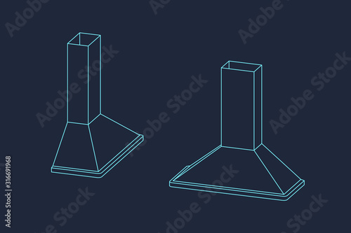 Range hood. Vector outline illustration. Dimetric projection.