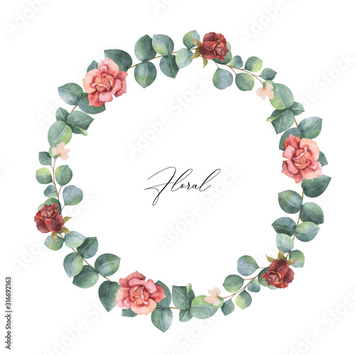 Watercolor vector hand painted frame with green eucalyptus leaves and flowers.