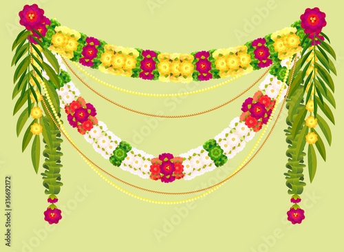 Mala traditional Indian decoration garland of flowers and mango leaves