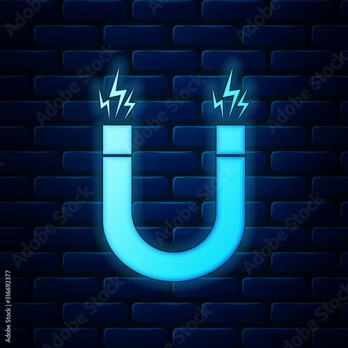 Glowing neon Magnet icon isolated on brick wall background. Horseshoe magnet, magnetism, magnetize, attraction. Vector Illustration