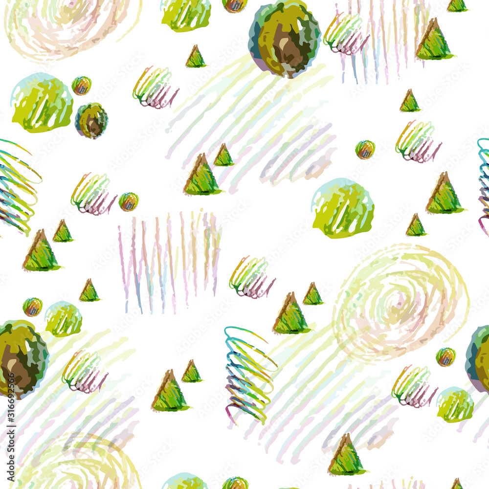 seamless abstract pattern with geometric shapes drawn with colored pencils with computer processing