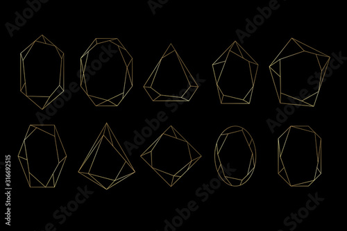 Gold collection of geometrical polyhedron, art deco style for wedding invitation, luxury templates, logo, book cover and poster