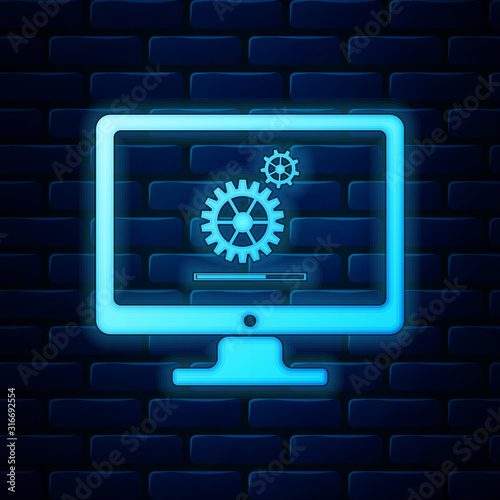 Glowing neon Computer monitor update process with gear progress and loading bar icon on brick wall background. System software update. Adjusting app, setting, maintenance, repair. Vector Illustration