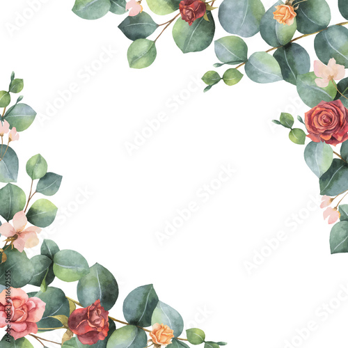 Watercolor vector hand painted frame with green eucalyptus leaves and flowers. 