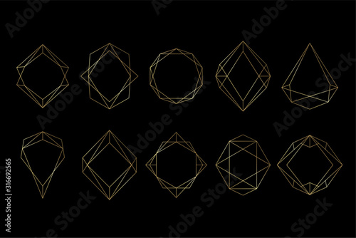 Gold collection of geometrical polyhedron, art deco style for wedding invitation, luxury templates, logo, book cover and poster