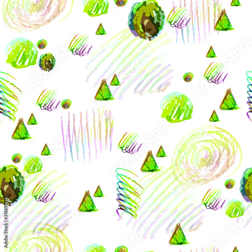 seamless abstract pattern with geometric shapes drawn with colored pencils with computer processing