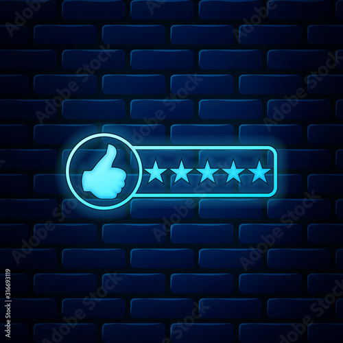 Glowing neon Consumer or customer product rating icon isolated on brick wall background. Vector Illustration