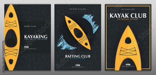 Set of Kayaking or rafting banners with yellow kayak and hand draw doodle background.